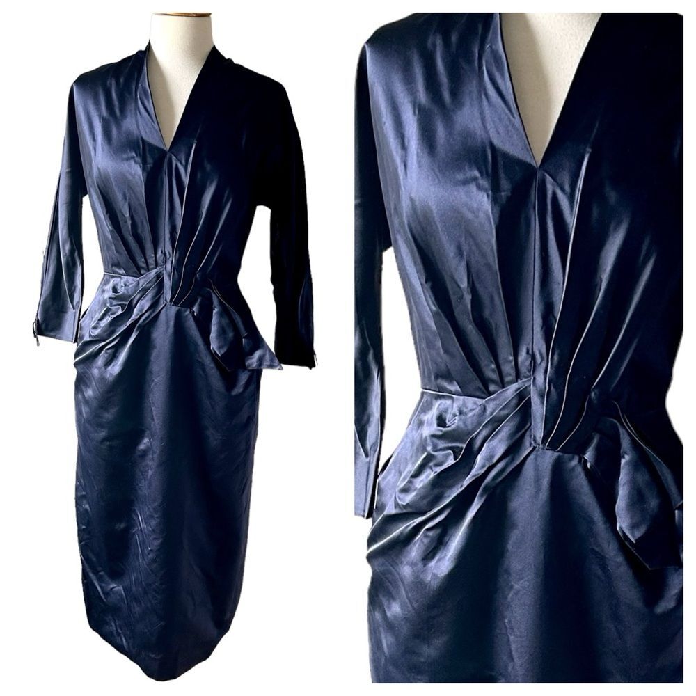 Vintage 1950s Navy Blue Midi Sheath Dress 3/4 Sleeve Deep V-Neck - Size Medium